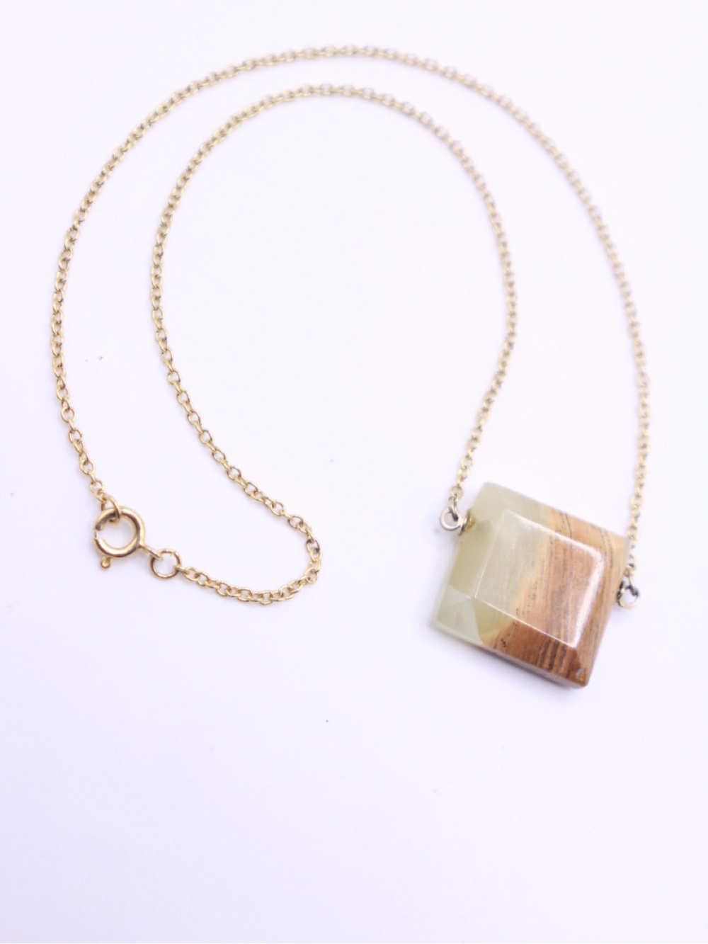 Gold tone Chain Necklace with Brown and Cream Agate Pendant 16”